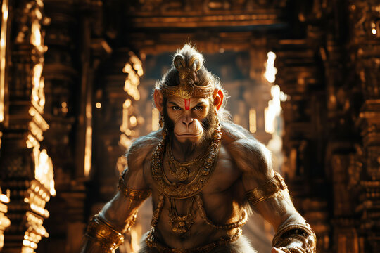 A powerful monkey king Hanuman Majestic Hindu deity, humanoid figure with golden fur. Intense expressive eyes reflect determination and divine.