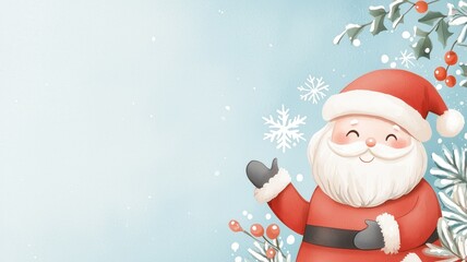 Cheerful Santa Claus character smiling amidst snowflakes and festive decorations, perfect for holiday themes and seasonal greetings.