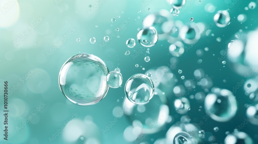 Poster close-up view of floating water bubbles in a serene aquamarine background. each bubble reflects ligh