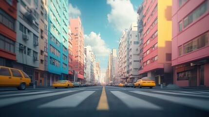 Vibrant city street with colorful buildings and yellow taxis under a bright blue sky.