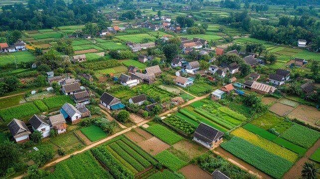 Aerial view of a rural village surrounded by lush green fields and agricultural plots.