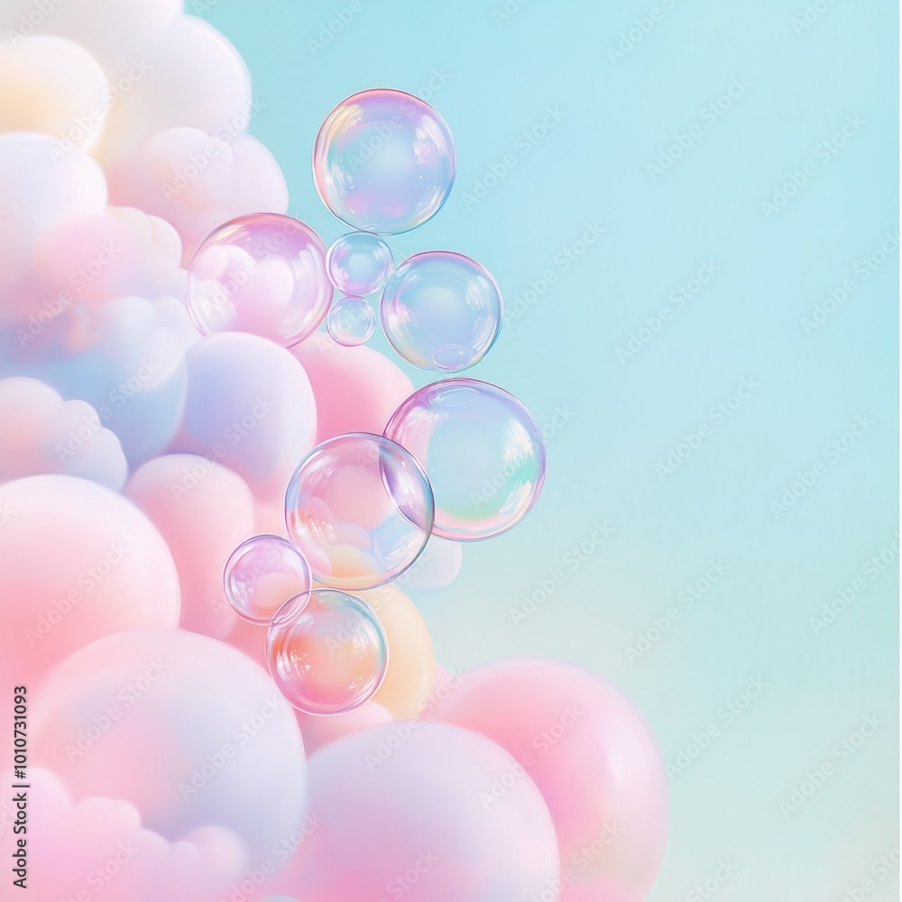 Poster soft pastel colored bubbles floating against a dreamy gradient background, creating a whimsical and 