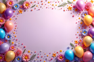 Festive background. Vibrant and colorful display of balloons, flowers, and confetti arranged around a large, empty frame.