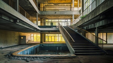 Fototapeta premium Abandoned Building with a Pool and Staircase