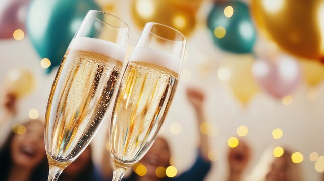 Two elegant champagne glasses toasting against a festive background filled with balloons and cheerful celebration vibes.