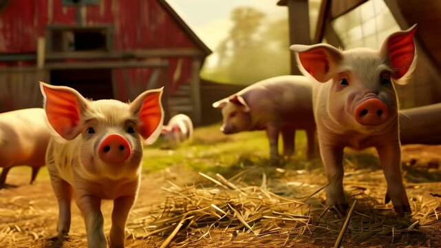 Cute piglets explore a sunny barnyard surrounded by straw and a red barn in the countryside