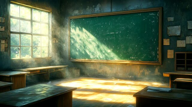 Sunlit empty classroom with wooden desks and a chalkboard in an old building. Seamless looping 4k video background