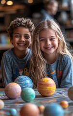 Fototapeta premium A group of elementary school students building a model of a solar system using arts and crafts supplies, excitedly sharing ideas and painting planets