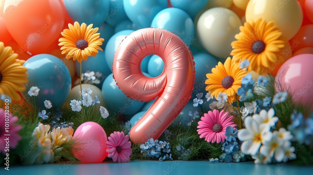 Poster Colorful balloons and flowers with a large pink number 9 centerpiece.