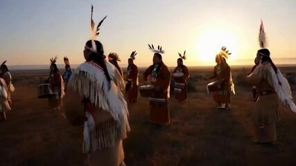 Native American performers celebrate heritage with traditional drumming and dancing around a vibrant fire at dusk. Generative AI