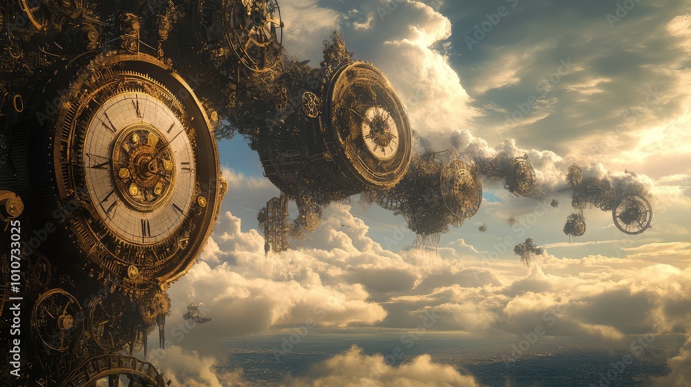 Poster gigantic clockwork mechanisms fill the sky, slowly rotating over a vast horizon, their steady tickin