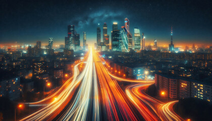 Fototapeta premium A stunning nighttime view of a modern city skyline with skyscrapers illuminated against the starry sky. Vibrant light trails from car traffic create dynamic movement