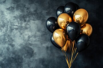 Gold and black balloons against a dark background. Great for festive occasions like birthdays, anniversaries, or celebrations.
