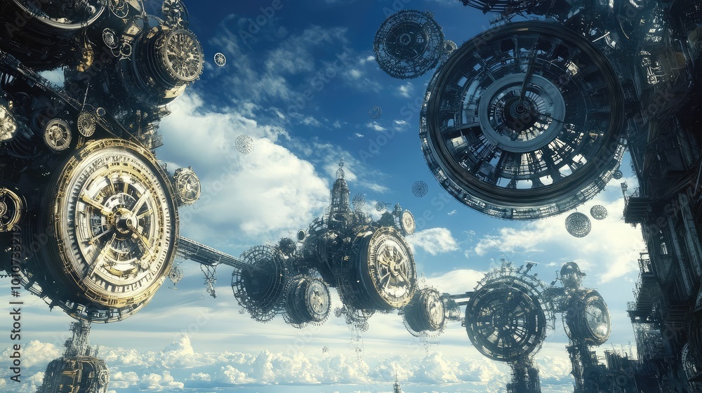 Poster gigantic clockwork mechanisms fill the sky, slowly rotating over a vast horizon, their steady tickin