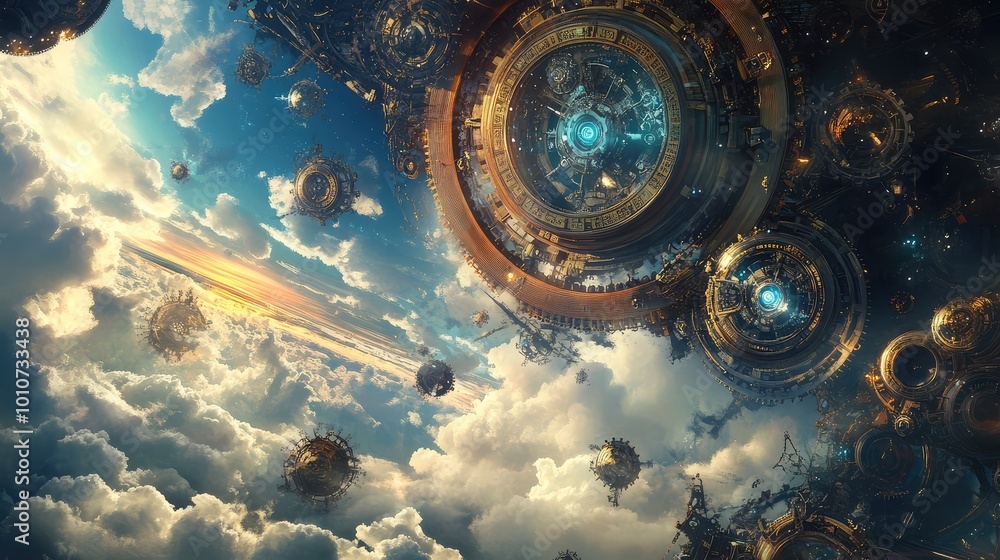 Poster gigantic clockwork mechanisms rotate slowly across the sky, their intricate gears and cogs turning o