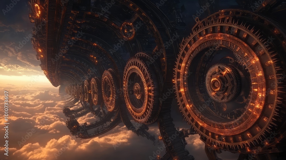 Poster gigantic clockwork mechanisms rotate slowly across the sky, their intricate gears and cogs turning o