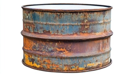 Fototapeta premium A rusty metal barrel with a slightly dented top sits isolated on a white background.