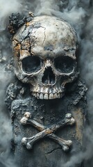 A skull and crossbones floating above a cracked tombstone, with mist swirling below