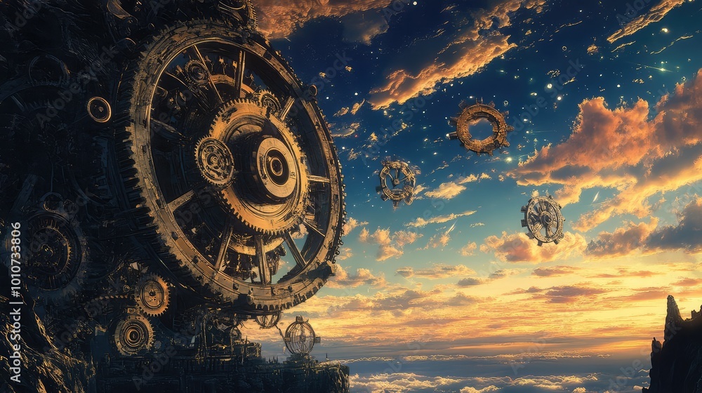 Poster massive clockwork gears dominate the sky, their slow rotation visible over a vast horizon, filling t