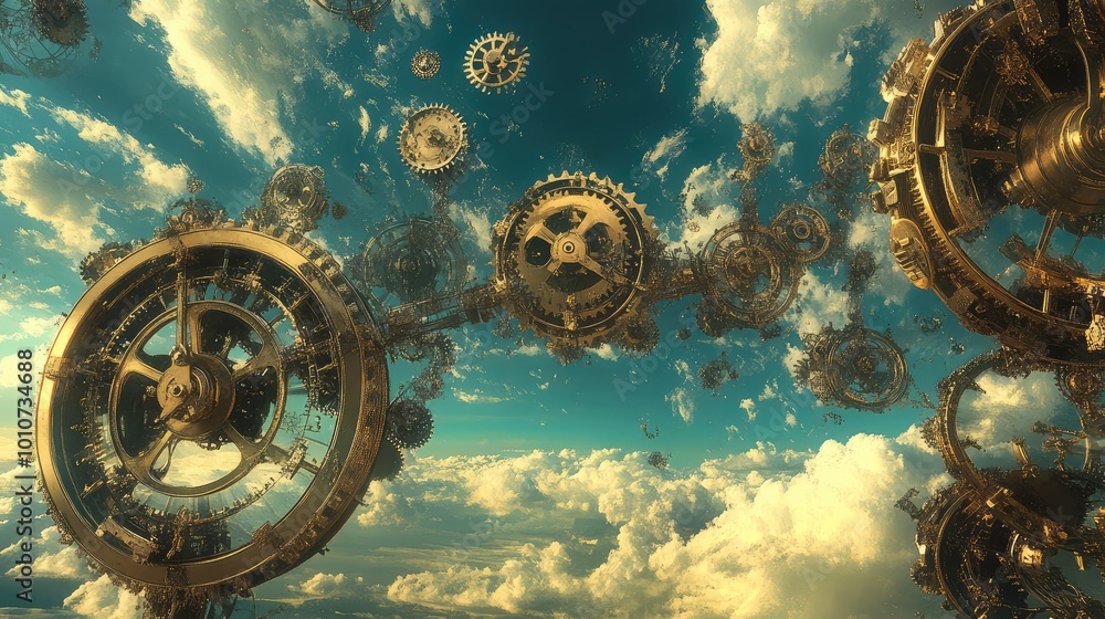 Poster the horizon is filled with rotating clockwork mechanisms, their massive gears turning slowly in the 