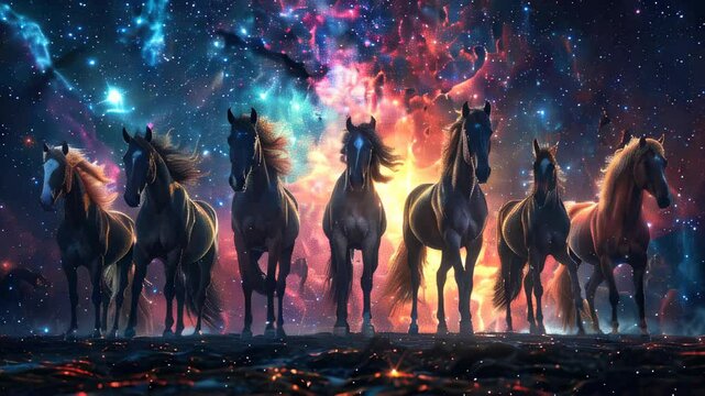 Majestic wild horses galloping through a cosmic landscape under a starry night sky