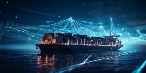 Obraz premium A large ship is floating on the water with a blue background