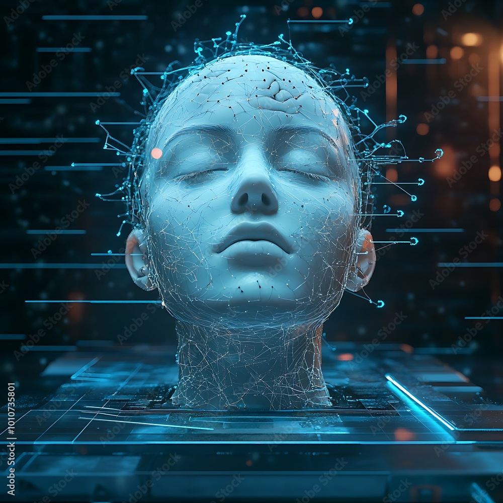 Aufkleber digital circuit face of an ai robot glowing in neon hues image