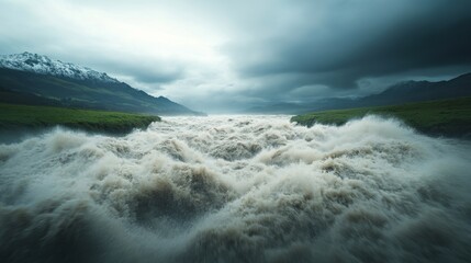 Raging river flows through a dramatic landscape under a cloudy sky.