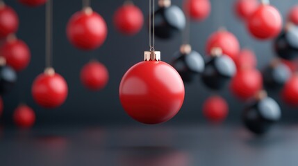 Fototapeta premium Red and black Christmas ornaments hanging in festive arrangement.