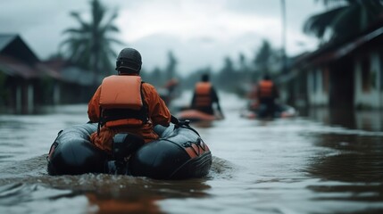 Rescue team navigating flooded area in orange life vests on inflatable boats.