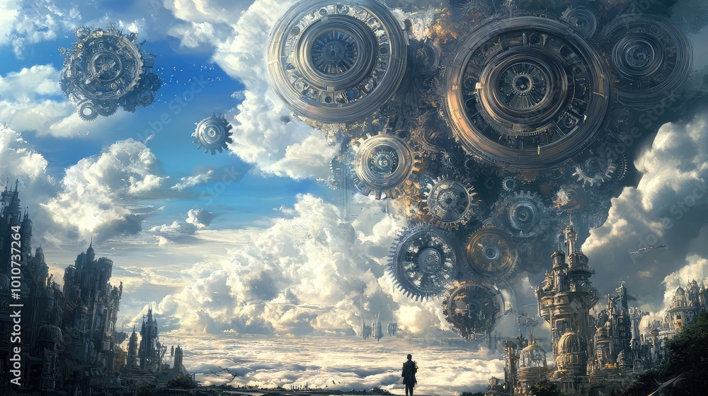 Poster the sky is filled with enormous rotating clockwork mechanisms, their gears turning slowly over a wid