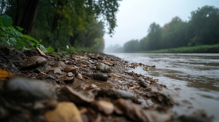 Obraz premium Riverbank scene with pebbles and foliage on a cloudy day, water gently flowing.