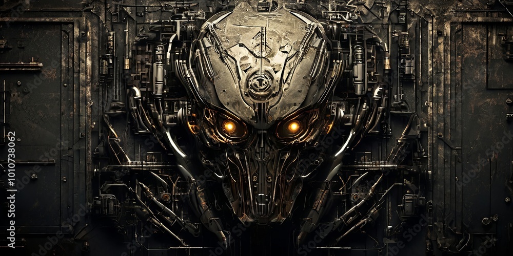 Poster a close up of a robot head with a yellow light on it