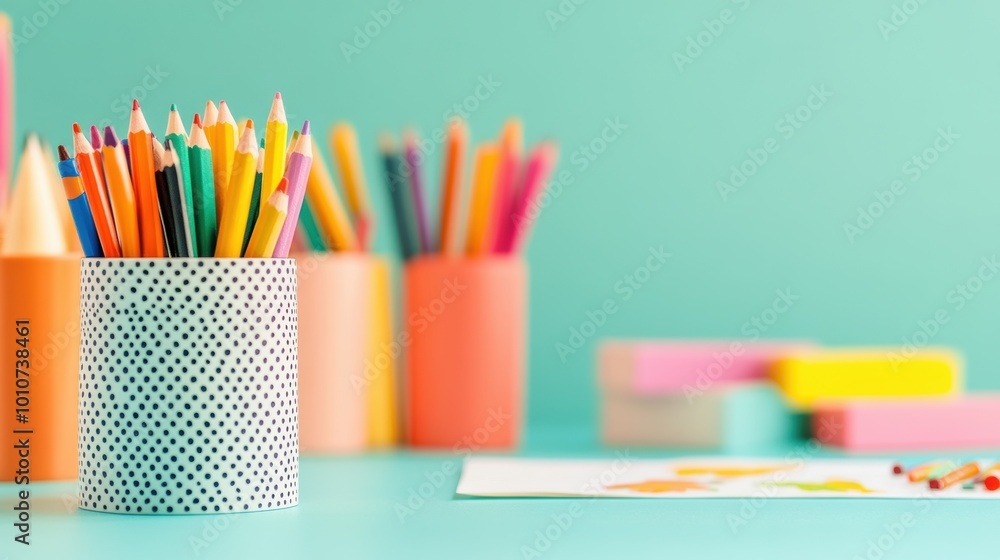 Wall mural A child craft table with a finished project, a colorful box of crayons, and a variety of craft supplies.