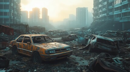Obraz premium Abandoned Cars in Post-Apocalyptic Urban Landscape. Rusted, abandoned cars in a desolate cityscape depicting a post-apocalyptic urban decay scene under dim sunlight and ruined infrastructure.