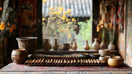 Fototapeta premium Bamboo flutes on rustic table with old pots. This photo is perfect for showcasing traditional Asian music and culture, or for adding a touch of rustic charm to your designs.