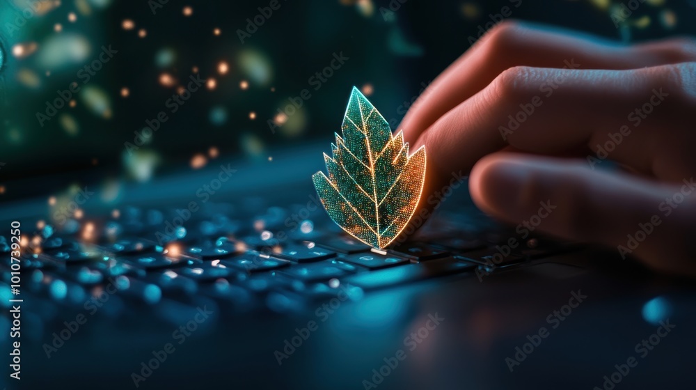 Poster a hand typing on a keyboard with a digital shield appearing over the screen, representing online sec
