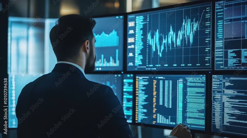 Aufkleber data analysis and stock trading concept with business person observing financial charts and graphs o