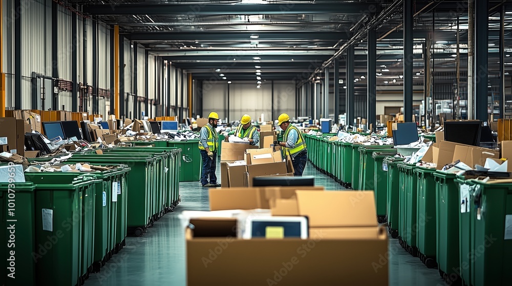 Poster workers sort waste and recyclable materials in a large facility. this image highlights the importanc