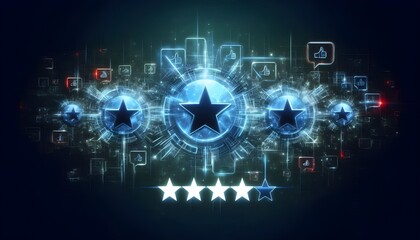 Fototapeta premium Abstract illustration of five-star rating bubbles with a digital, futuristic design. Online reviews for quality.