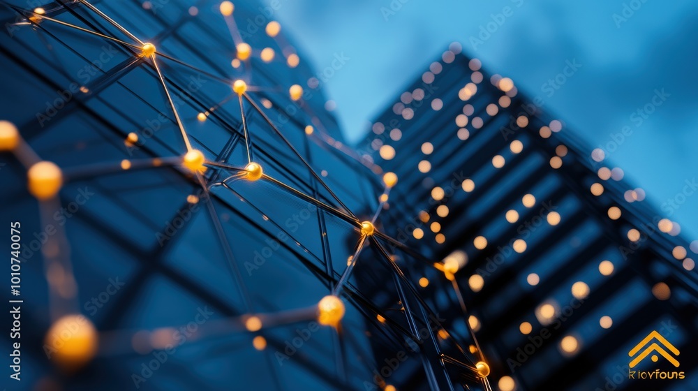 Poster a cityscape with skyscrapers interconnected by data cables, representing the global reach and interc