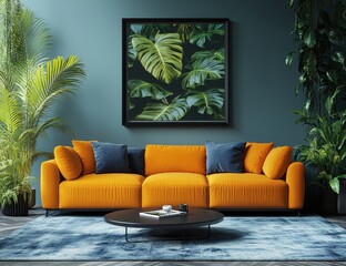 Fototapeta premium Picture Frame Mockup on Wall Above Yellow Sofa with Fern Leaf Pattern, White Background, Living Room Decor, Green and Blue Tones, High-Resolution, Hyper-Realistic 