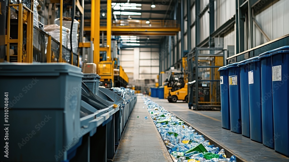 Poster a vibrant recycling center showcasing waste management operations. focus on plastic sorting bins, de