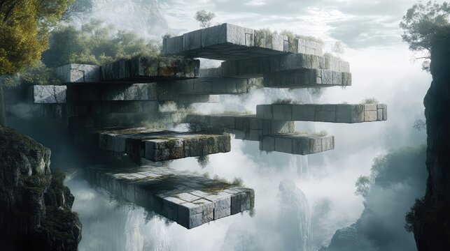 A floating stone maze, suspended high above the ground, with pathways that twist and turn at impossible angles, creating a surreal aerial labyrinth.