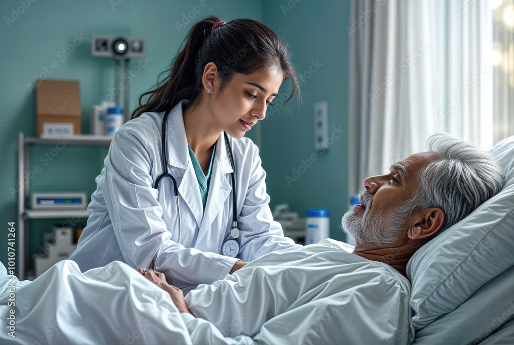 Wall mural Young Indian female doctor taking care of patient in hospital