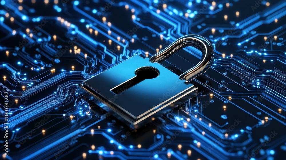 Poster digital security and cybersecurity concept with padlock on circuit board