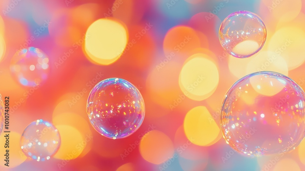 Wall mural seamless pattern of transparent bubbles floating over a vibrant rainbow-colored background, creating