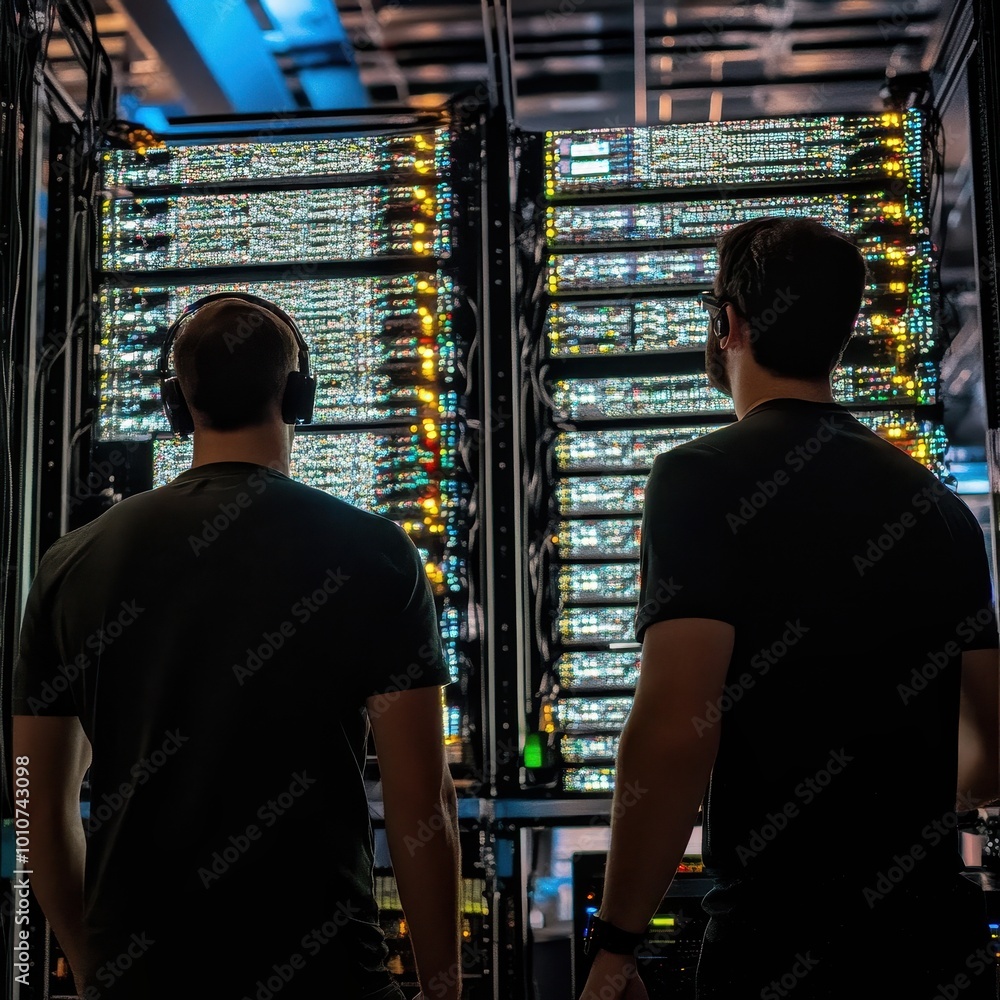Poster technicians examining servers in a data center