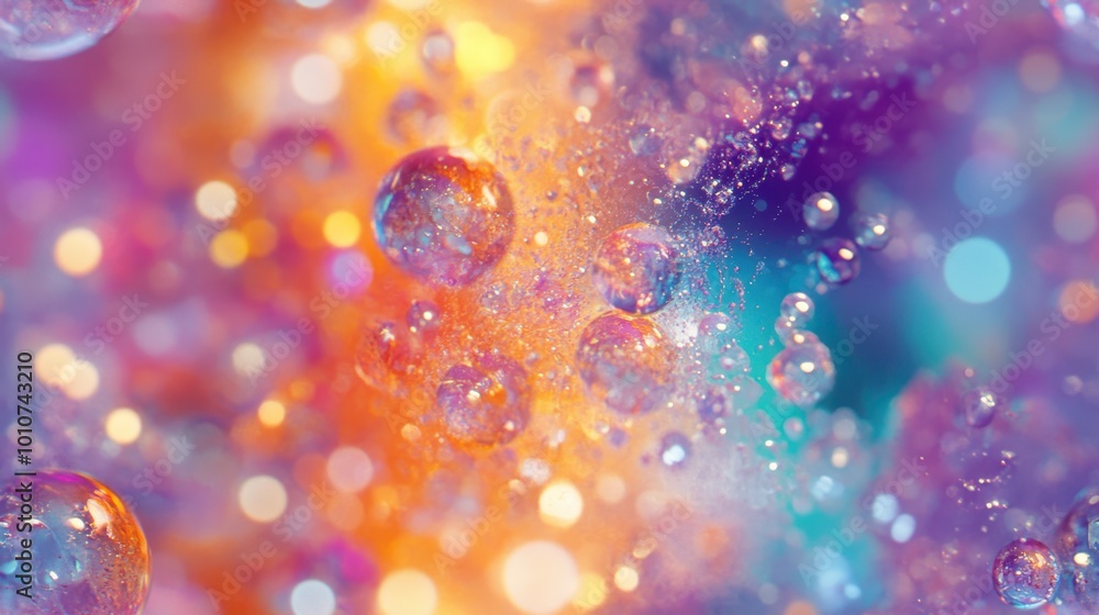 Wall mural seamless pattern of transparent bubbles floating over a vibrant rainbow-colored background, creating