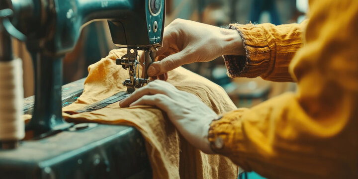 A woman seamstress sews clothes on a sewing machine